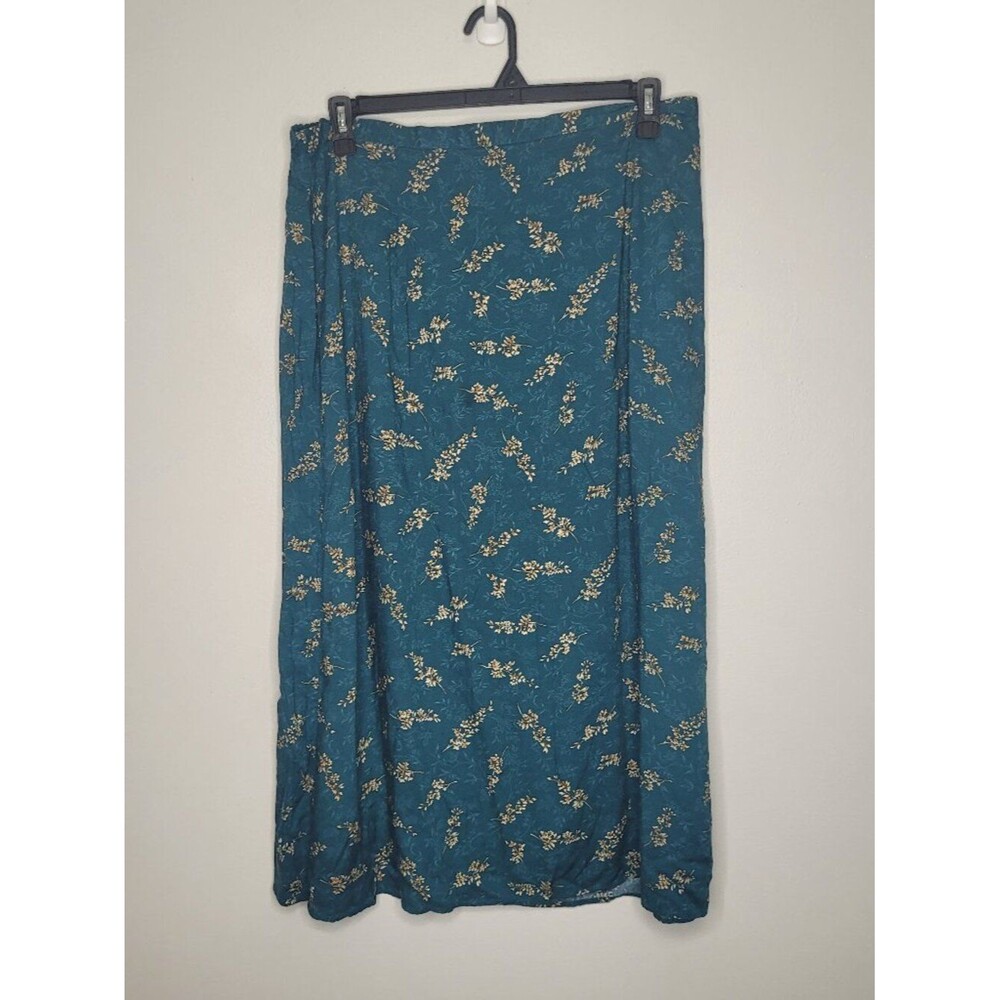 Vintage 90s Kathie Lee teal tan flower print a line midi maxi skirt size 18/20